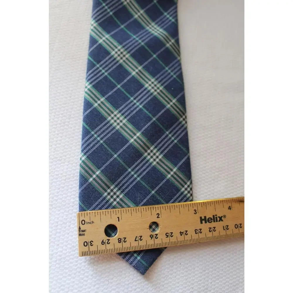 Vintage STAFFORD Cotton Silk Blend Necktie, Navy, White, Green Plaid, 3 X 57